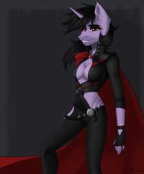 Size: 2000x2400 | Tagged: safe, artist:villjulie, oc, oc:astra nova, unicorn, vampire, vampony, anthro, absolute cleavage, boob window, breasts, cape, cleavage, clothes, commission, ear fluff, female, high res, mare, older, simple background, solo, ych result