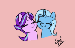 Size: 1117x720 | Tagged: safe, artist:elisdoominika, starlight glimmer, trixie, pony, unicorn, g4, animated, bust, cheek to cheek, cuddling, cute, diatrixes, duo, duo female, eye clipping through hair, eyes closed, female, gif, glimmerbetes, lesbian, looking at each other, love, mare, nuzzling, pink background, ship:startrix, shipping, simple background, smiling, smiling at each other