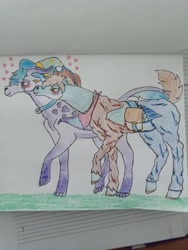 Size: 3120x4160 | Tagged: safe, artist:amethyst, oc, oc only, oc:amethyst, oc:blueberry jam, pegasus, pony, blushing, clothes, cowboy, cowboy hat, female, hat, love, magician, magician outfit, male, mare, oc x oc, other species, pegasus oc, shipping, shy, simple background, stallion, traditional art
