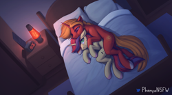 Size: 3000x1667 | Tagged: safe, artist:phenya, oc, oc only, pony, unicorn, bed, bedroom, blanket, clock, colored pupils, commission, cuddling, eyebrows, eyebrows visible through hair, floppy ears, horn, indoors, lava lamp, lidded eyes, looking at each other, looking back, lying down, on side, pillow, slender, smiling, smirk, spooning, thin, unshorn fetlocks