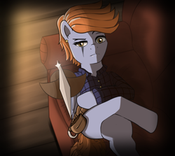 Size: 1347x1200 | Tagged: safe, artist:undisputed, oc, oc only, oc:axel flex, pegasus, pony, alternate universe, belt, clothes, couch, fanfic, fanfic art, looking at you, lying down, male, offscreen character, pegasus oc, scar, shirt, solo, stallion, sword, weapon