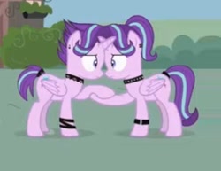 Size: 306x236 | Tagged: safe, artist:forgalorga, edit, edited screencap, editor:fluttershyisnot adoormat, screencap, starlight glimmer, alicorn, pony, starlight's world, g4, alicornified, choker, duality, edgelight glimmer, goth, looking at each other, race swap, starlicorn, tail, tail wrap, wristband