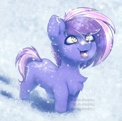 Size: 3300x3275 | Tagged: safe, artist:angie imagines, oc, oc only, oc:berry frost, earth pony, pony, chest fluff, chest freckles, cutie mark, ear fluff, ear freckles, earth pony oc, freckles, heart eyes, high res, male, multicolored hair, simple background, snow, snowfall, solo, tongue out, white background, wingding eyes, yellow eyes