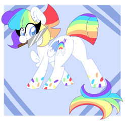 Size: 1280x1231 | Tagged: safe, artist:ladylullabystar, oc, oc only, oc:vanilla sprinkles, pegasus, pony, butt, chest fluff, colored pupils, female, knife, mare, mouth hold, multicolored hair, plot, rainbow hair, solo