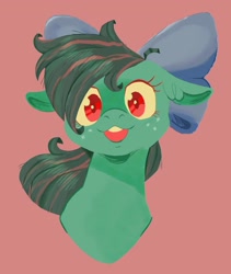 Size: 1730x2048 | Tagged: safe, artist:pastacrylic, oc, oc only, pony, bow, bust, floppy ears, freckles, hair bow, looking at you, open mouth, smiling, solo