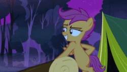 Size: 498x280 | Tagged: safe, screencap, scootaloo, pegasus, pony, g4, season 3, sleepless in ponyville, animated, bipedal, bipedal leaning, blinking, female, filly, gif, grin, leaning, lidded eyes, looking sideways, smiling, solo, tent