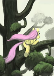 Size: 2480x3508 | Tagged: safe, artist:toisanemoif, fluttershy, pegasus, pony, g4, behaving like a cat, branches, female, high res, lying down, mare, prone, solo, tree, tree branch, windswept mane