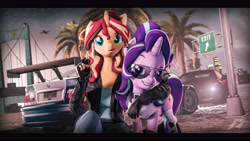 Size: 9600x5400 | Tagged: safe, artist:calveen, artist:imafutureguitarhero, starlight glimmer, sunset shimmer, pony, unicorn, anthro, art pack:fun n games artpack, g4, 3d, :p, absurd resolution, alternate hairstyle, anthro with ponies, arm around neck, audi, audi r8, aviator sunglasses, black bars, bmw, bmw m3 gtr, boots, bridge, car, cheek fluff, chest freckles, clothes, colored eyebrows, colored eyelashes, duo, duo female, ear fluff, ear piercing, fangs, female, fingerless gloves, fluffy, freckles, fur, glasses, gloves, grin, horn, jacket, jeans, jewelry, kneeling, leather gloves, leather jacket, letterboxing, looking at you, mare, multicolored hair, multicolored mane, multicolored tail, need for speed, need for speed: most wanted, nose wrinkle, outdoors, palm tree, pants, peace sign, peppered bacon, piercing, plane, raised eyebrow, revamped anthros, revamped ponies, shirt, shoes, signature, smiling, socks, source filmmaker, sunglasses, tongue out, tree, wall of tags