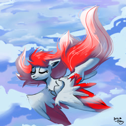 Size: 4000x4000 | Tagged: safe, artist:ami-gami, oc, oc only, oc:making amends, pegasus, pony, colored wings, commission, eyes closed, flying, solo, two toned wings, wings, ych result