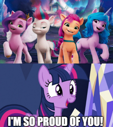 Size: 500x562 | Tagged: safe, edit, edited screencap, screencap, izzy moonbow, pipp petals, sunny starscout, twilight sparkle, zipp storm, alicorn, pony, g4, g5, my little pony: a new generation, 3d, apology, comic, female, happy, impact font, mare, screencap comic, text, twilight sparkle (alicorn)