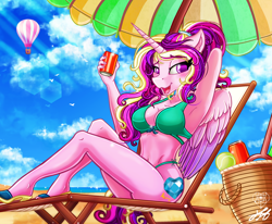 Size: 2250x1850 | Tagged: safe, alternate version, artist:stainedglasslighthea, princess cadance, alicorn, anthro, plantigrade anthro, g4, alternate hairstyle, beach, beach chair, beach umbrella, bedroom eyes, belly button, bikini, bikini bottom, bikini top, breasts, busty princess cadance, can, chair, clothes, commission, drink, feet, female, looking at you, midriff, open mouth, open smile, sand, sandals, smiling, soda can, solo, summer, swimsuit, ych example, your character here