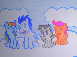 Size: 1280x945 | Tagged: safe, artist:dex stewart, rainbow dash, rumble, scootaloo, soarin', pegasus, pony, g4, couple, double date, female, honorary sister, male, ship:rumbloo, ship:soarindash, shipping, siblings, straight, traditional art