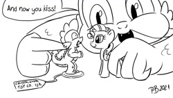 Size: 1200x675 | Tagged: safe, artist:pony-berserker, rarity, spike, pony, derpibooru, pony-berserker's twitter sketches, g4, cursed, cursed image, meta, monochrome, now kiss, tags, toy, wide eyes