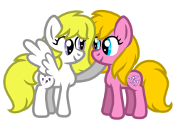 Size: 1024x768 | Tagged: safe, artist:thechocolatesea, shady, surprise, earth pony, pegasus, pony, g1, g4, adoraprise, cute, duo, female, friends, g1 shadybetes, g1 to g4, generation leap, good friends, head up, lesbian, mare, ship:shadyprise, shipping, simple background, smiling, transparent background, vector
