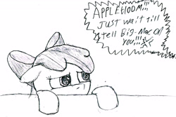 Size: 3161x2112 | Tagged: safe, artist:derpsickle, apple bloom, applejack, earth pony, pony, g4, female, filly, high res, mare, offscreen character, sketch, solo, speech bubble