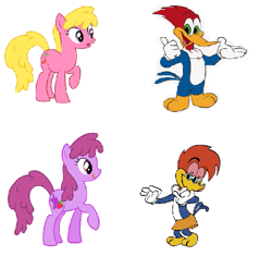 Size: 647x608 | Tagged: safe, artist:kooner-cz, artist:solusjbj, edit, berry punch, berryshine, cherry berry, bird, earth pony, pony, woodpecker, g4, background pony, clothes, crossover, female, gloves, male, mare, skirt, the new woody woodpecker show, winnie woodpecker, woody woodpecker