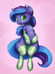Size: 2263x3036 | Tagged: safe, artist:ahobobo, oc, oc only, oc:blue monday, pony, unicorn, clothes, female, high res, looking at you, mare, simple background, socks, solo, striped socks