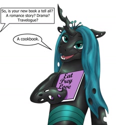 Size: 1061x1142 | Tagged: safe, artist:termyotter, queen chrysalis, changeling, g4, eat pray love, elizabeth gilbert, pun, simple background, solo, the twilight zone, to serve man, white background