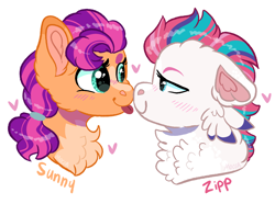 Size: 1672x1241 | Tagged: safe, artist:moccabliss, sunny starscout, zipp storm, pony, g5, boop, female, lesbian, noseboop, ship:sunnystorm, shipping, simple background, tongue out, white background