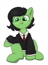 Size: 1503x2048 | Tagged: safe, artist:dumbwoofer, oc, oc only, oc:filly anon, earth pony, pony, clothes, female, filly, smiling, solo, suit