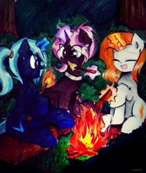 Size: 2951x3489 | Tagged: safe, artist:liaaqila, oc, oc only, oc:aurora shinespark, oc:novus flux, oc:tenebris flux, pony, unicorn, campfire, camping, cute, ear piercing, earring, food, forest background, high res, jewelry, laughing, magic, magic aura, marshmallow, night, no source available, ocbetes, piercing, ponytail, traditional art
