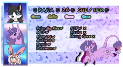 Size: 1011x556 | Tagged: safe, artist:misskanabelle, oc, oc only, pony, sylveon, unicorn, wolf, anthro, anthro with ponies, asexual pride flag, female, furry, horn, leonine tail, mare, pokémon, pride, pride flag, reference sheet, smiling, unicorn oc