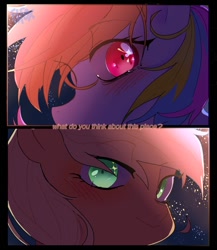 Size: 650x748 | Tagged: dead source, safe, artist:肥狸, applejack, rainbow dash, earth pony, pegasus, pony, g4, dim light, female, lesbian, shiny eyes, ship:appledash, shipping