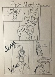 Size: 2059x2842 | Tagged: safe, artist:diamond06mlp, discord, oc, oc:paradox, draconequus, g4, ..., bust, comic, dialogue, door slam, high res, male, monochrome, speech bubble, sweat, sweatdrop, traditional art