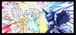 Size: 1700x800 | Tagged: safe, artist:foxgearstudios, princess celestia, princess luna, alicorn, pony, g4, abstract background, armor, duo, female, mare, royal sisters, s1 luna, siblings, sisters