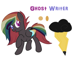 Size: 1903x1495 | Tagged: safe, artist:aonairfaol, oc, oc only, oc:ghost writer, pegasus, pony, base used, colored wings, female, heterochromia, mare, multicolored hair, multicolored wings, offspring, parent:quibble pants, parent:rainbow dash, parents:quibbledash, pegasus oc, rainbow hair, rainbow wings, raised hoof, reference sheet, simple background, solo, white background, wings