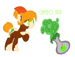 Size: 1741x1327 | Tagged: safe, artist:aonairfaol, oc, oc only, oc:cameo jinx, earth pony, pony, earth pony oc, female, hat, hoof on chest, mare, offspring, option, parent:applejack, parent:trouble shoes, parents:troublejack, raised hoof, reference sheet, simple background, solo, white background
