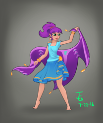 Size: 1036x1243 | Tagged: safe, artist:joan-grace, oc, oc only, oc:high pitch, human, bracelet, clothes, dancing, feet, female, gradient background, humanized, humanized oc, jewelry, signature, skirt, smiling, solo