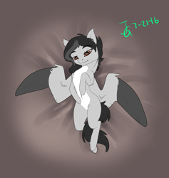 Size: 1146x1208 | Tagged: safe, artist:joan-grace, oc, oc only, pegasus, pony, female, lying down, mare, on back, pegasus oc, signature, smiling, solo, two toned wings, wings