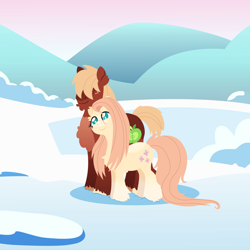 Size: 2160x2160 | Tagged: safe, alternate version, anonymous artist, big macintosh, fluttershy, pony, yakutian horse, series:fm holidays, g4, alternate color palette, coat markings, facial hair, female, fluffy, goatee, hair over eyes, high res, hoof fluff, lineless, looking at each other, male, mare, no pupils, nuzzling, pale belly, race swap, ship:fluttermac, shipping, smiling, smiling at each other, snow, snow mare, socks (coat markings), stallion, straight
