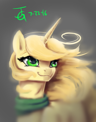 Size: 1100x1400 | Tagged: safe, artist:joan-grace, oc, oc only, pony, unicorn, bust, clothes, eyelashes, horn, leonine tail, scarf, signature, smiling, solo, unicorn oc