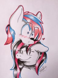 Size: 720x960 | Tagged: safe, artist:milledpurple, oc, oc only, oc:emala jiss, earth pony, pony, blushing, bust, duo, female, mare, signature, smiling, traditional art