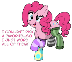 Size: 2964x2538 | Tagged: safe, artist:doodledonutart, pinkie pie, earth pony, pony, g4, chest fluff, clothes, cute, high res, mismatched socks, simple background, socks, solo, stockings, striped socks, text, thigh highs, transparent background