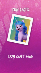 Size: 828x1472 | Tagged: safe, edit, edited edit, izzy moonbow, pony, unicorn, g5, my little pony: a new generation, caption, female, fun facts, illiteracy, illiterate, image macro, mare, meme, solo, sparkly background, text
