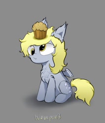 Size: 1021x1200 | Tagged: safe, artist:wevepon3, derpy hooves, pegasus, pony, g4, chest fluff, ear fluff, fluffy, food, messy mane, muffin, on head, solo
