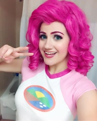 Size: 1080x1352 | Tagged: safe, artist:sarahndipity cosplay, pinkie pie, human, equestria girls, g4, my little pony equestria girls: legend of everfree, 2018, clothes, cosplay, costume, irl, irl human, peace sign, photo