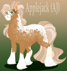 Size: 2448x2618 | Tagged: safe, artist:inisealga, applejack, earth pony, pony, g4, abstract background, alternate design, appaloosa, bald face, coat markings, facial markings, facial scar, gradient background, high res, male, markings, redesign, scar, socks (coat markings), text, transgender