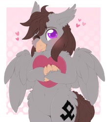 Size: 1749x2000 | Tagged: safe, artist:adostume, oc, oc only, oc:luxor, classical hippogriff, hippogriff, bipedal, commissioner:luxorianin, cute, heart, heart pillow, hug, looking at you, ocbetes, one eye closed, pillow, pillow hug, simple background, solo, tongue out