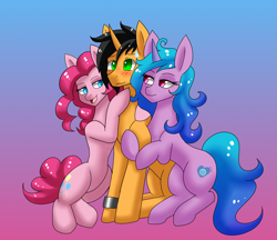 Size: 2200x1900 | Tagged: safe, artist:zachc, izzy moonbow, pinkie pie, oc, earth pony, pony, unicorn, g4, g5, female, gradient background, male, not cheese sandwich, stallion, trio