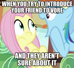 Size: 490x450 | Tagged: safe, edit, edited screencap, screencap, fluttershy, rainbow dash, pegasus, pony, buckball season, g4, season 6, caption, cropped, do not want, duo, female, image macro, implied vore, mare, meme, open mouth, text, tongue out