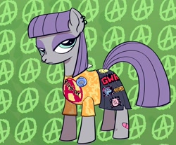 Size: 2228x1844 | Tagged: safe, artist:swagstapiece, maud pie, earth pony, pony, g4, abstract background, anarchy, bandaid, button, clothes, ear piercing, earring, female, jewelry, lidded eyes, mare, nose piercing, nose ring, piercing, shirt, skirt, solo, t-shirt