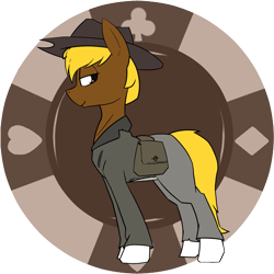 Size: 1500x1500 | Tagged: safe, artist:triplesevens, oc, oc only, oc:acres, earth pony, pony, bag, blonde, blonde mane, blonde tail, brown coat, clothes, clubs, coat markings, cowboy hat, diamonds, earth pony oc, hat, heart, male, poker chips, ponybooru import, saddle bag, simple background, smiling, solo, spades, stallion, transparent background