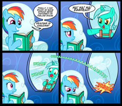 Size: 688x600 | Tagged: safe, artist:madmax, edit, lyra heartstrings, rainbow dash, pegasus, pony, unicorn, g4, book, comic, cropped, dialogue, duo, female, karma, l.u.l.s., ladder, laughing, mare, reading, speech bubble, this will end in pain