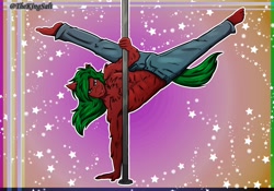 Size: 2000x1400 | Tagged: safe, artist:theking_salt, oc, anthro, anthro oc, clothes, commission, long hair, male, muscles, pants, pole dancing, solo, stripper pole, tail, ych result