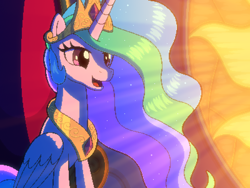 Size: 800x600 | Tagged: safe, artist:rangelost, princess celestia, alicorn, pony, cyoa:d20 pony, g4, crown, cyoa, jewelry, offscreen character, open mouth, pixel art, regalia, solo, stained glass, story included, sunlight, throne, throne room