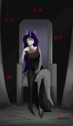 Size: 2195x3762 | Tagged: safe, artist:sforcetheartist, oc, oc only, anthro, antagonist, clothes, dress, female, high res, jewelry, necklace, oc villain, red eyes, sharp teeth, shoes, solo, teeth, throne, yellow eyes
